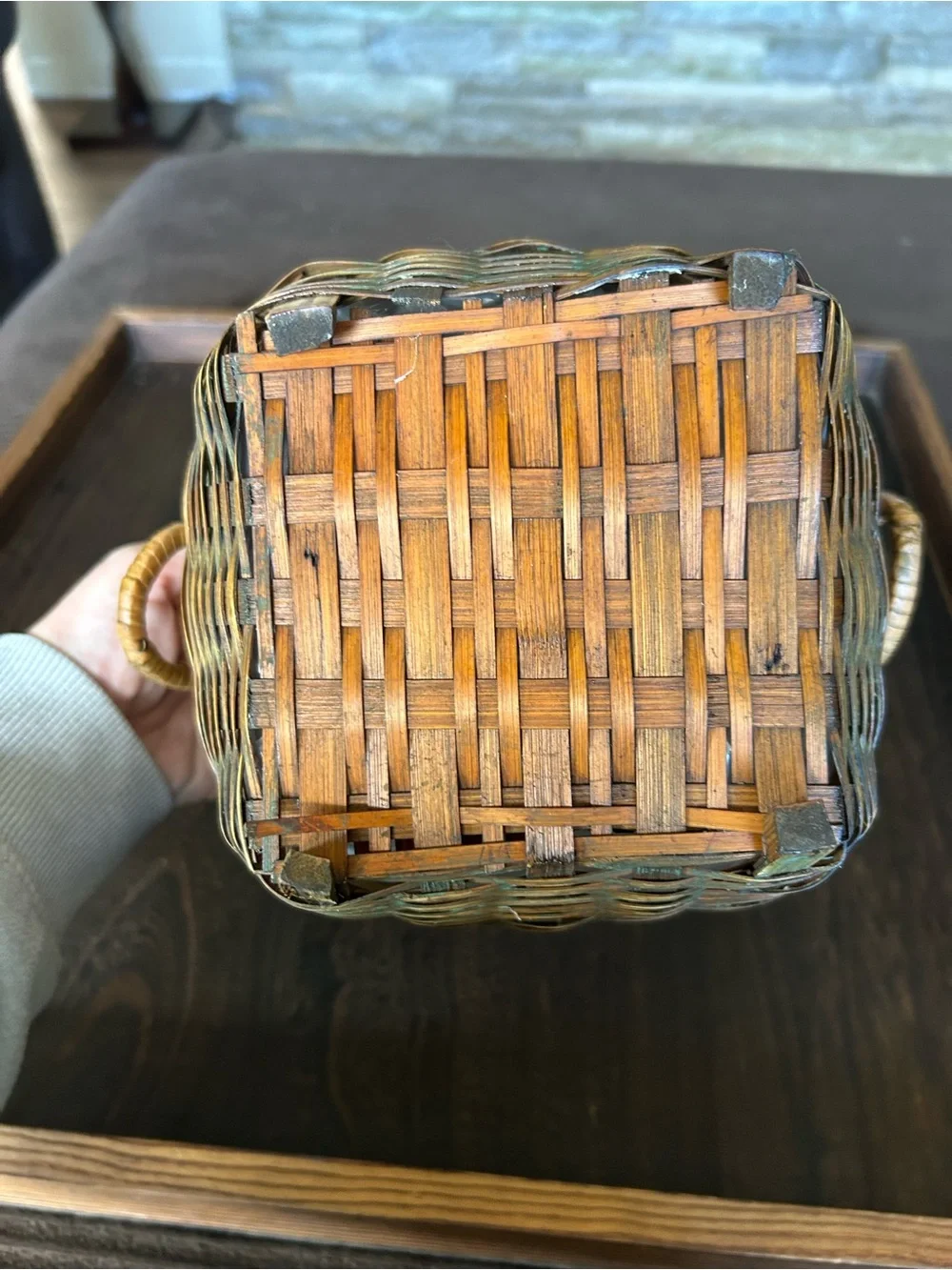 Vintage Handmade Split Wood Basket Planter Turquoise Patina Footed Boho Decor